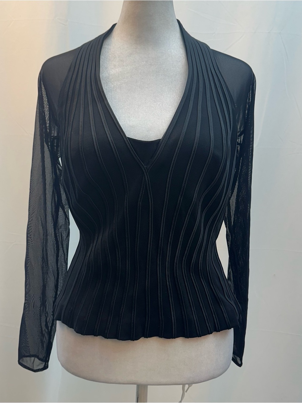 Tadashi Black Ribbed V-Neck Sheer-Sleeve Women’s Top